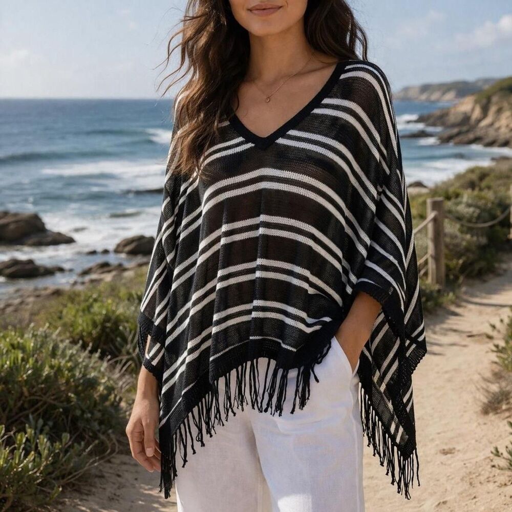 Chico's Linen Poncho Beach Coverup Small Blue White Boho Quiet Luxury Coastal
